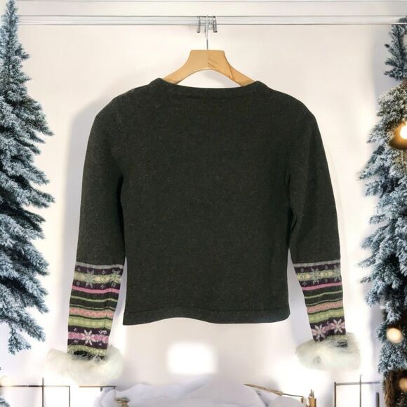 Vintage 90's Wool Crew Neck Sweater Removable White Real Fur Cuffs Green Sz L - Picture 3 of 5